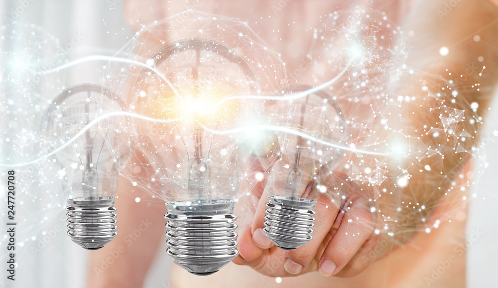 Aufkleber businessman connecting modern lightbulbs with connections 3d rendering