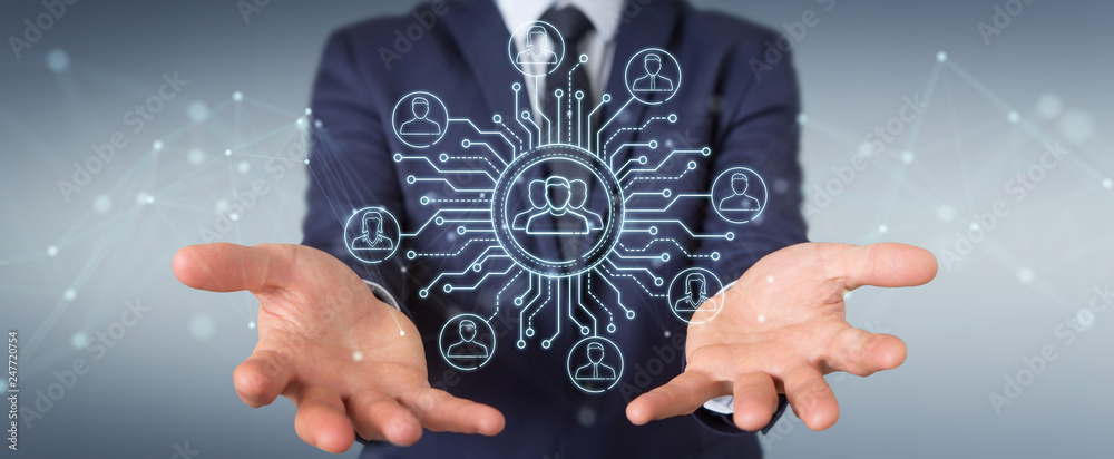 Poster businessman using thin line social network icons interface