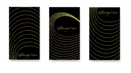Luxury festive gold backgrounds. Set of black and gold covers, templates, printing elements, cards. Round glowing confetti, festive tinsel, magic design for printing. Glowing Vector Texture.