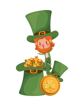 leprechaun with coins and hat isolated icon