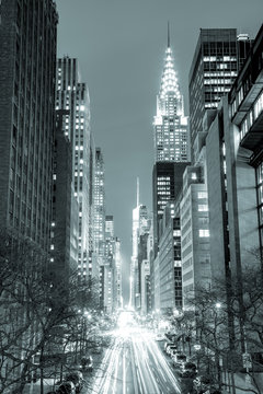 New York City At Night - 42nd Street With Traffic,  Black And White Toned