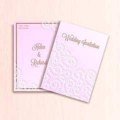 Decorative floral motifs on pink background for wedding invitation card template design.