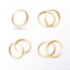Wedding ring set of gold metal on transparent background.