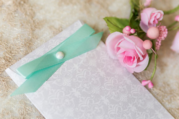 Wedding invitation, lace, pink rose flower