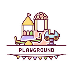 Playground kids card with rocker, swing and tower. Cartoon style vector illustration