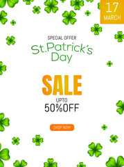 St Patrick's Day sale template or flyer design with 50% discount offer and decorative leaves.