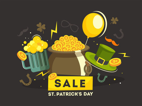 Vector illustration of cauldron, beer mug and leprechaun hat on brown background for St Patrick's Day sale poster or banner design.