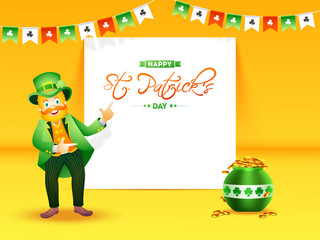 Happy leprechaun man character with cauldron illustration on yellow background for St Patricks Day poster or banner design.
