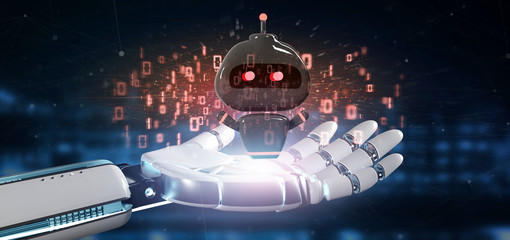 Cyborg hand holding Virus chatbot with binary code 3d rendering