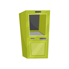 Green cash dispenser. Automated teller machine ATM for money withdrawal and financial transactions. Flat vector icon