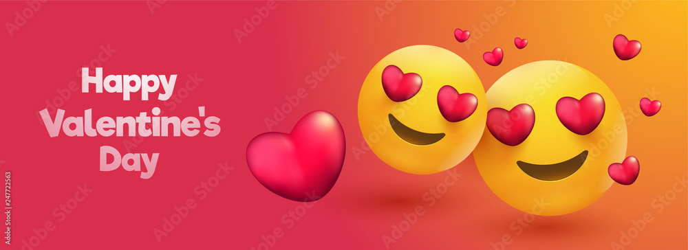 Wall mural love emoji on glossy background with heart shapes for valentine's day header or banner design.
