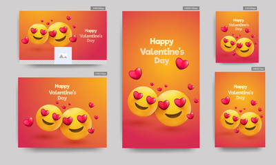 Social media header or poster set with illustration of love emoji on glossy background for Valentine's Day celebration.