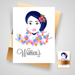 Beautiful woman face on colorful flowers decorated greeting card design for Women's Day celebration concept.