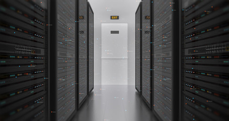 Server Racks In a Modern Data Center. Computer Racks All Around With Flying Numbers. Technology Related 4K Cg Render.