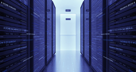 Modern Server Room Environment. Computer Racks All Around With Flying Texts. Technology Related 4K Cg Render.