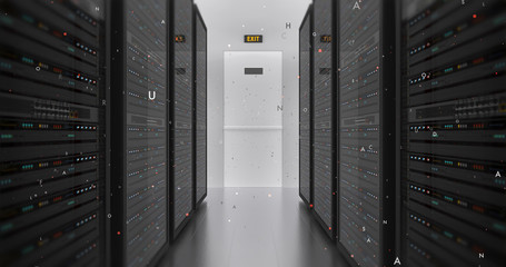 Modern Server Room Environment. Computer Racks All Around With Flying Texts. Technology Related 4K Cg Render.