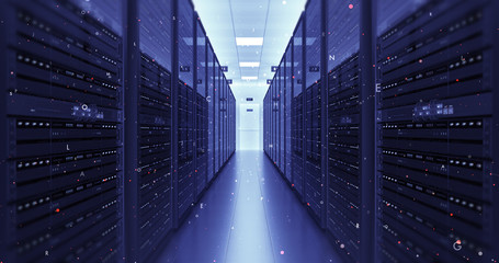 Modern Server Room Environment. Computer Racks All Around With Flying Texts. Technology Related 4K Cg Render.