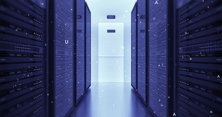 Modern Server Room Environment. Computer Racks All Around With Flying Texts. Technology Related 4K Cg Render.