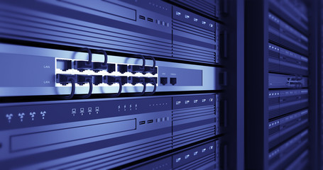 Close Up Server Racks In a Modern Data Center. Computer Racks All Around With Flying. Technology Related 4K 3D Render.
