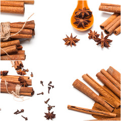 cinnamon sticks and stars collection isolated on white background