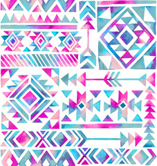 Hand painted watercolor tribal motif seamless pattern on white background. Geometric repetitve native pattern.