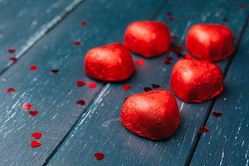 Candy Hearts on wood , valentines day.