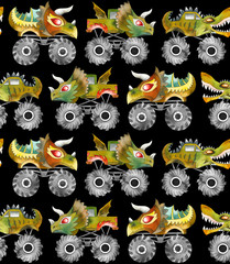 Scary animal monster trucks seamless vector pattern on black background.   © MirabellePrint