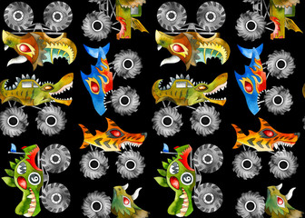 Scary animal monster trucks seamless vector pattern on black background.   © MirabellePrint