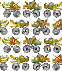 Scary animal monster trucks seamless vector pattern on white background.    © MirabellePrint