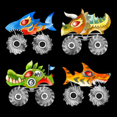 Hand painted cute watercolor monster car set on black background. © MirabellePrint