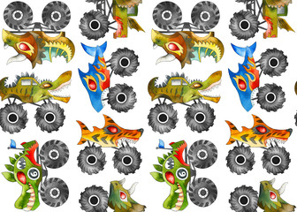 Scary animal monster trucks seamless vector pattern on white background.   © MirabellePrint