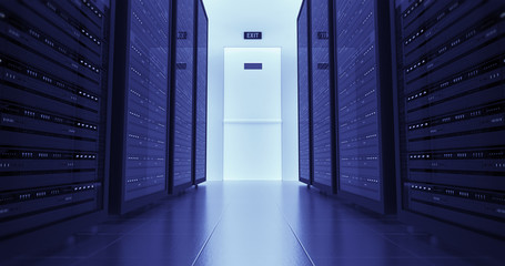Server Racks In a Modern Data Center. Computer Racks All Around. Technology Related 4K Cg Render.