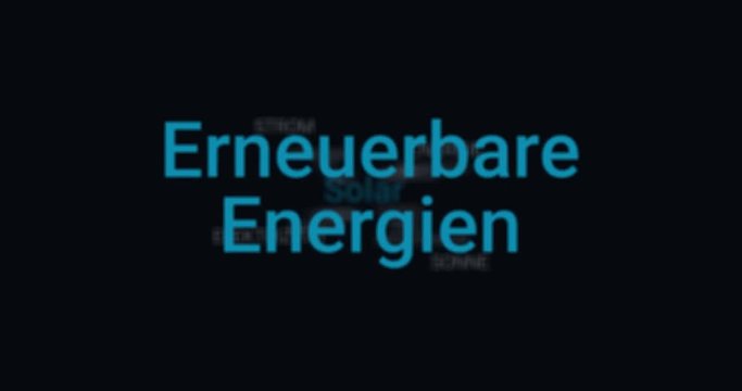 Alternative Energie. Video Animation die Informationen &uuml;ber Erneuerbare Energien zeigt (z.B. Solar, Erdw&auml;rme, Windenergie, Biomasse, Wasserkraft). Schwarzer Hintergrund, blauer Text. Tag Cloud