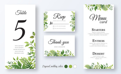 Wedding Invitation, menu card, table number, thank you, rsvp. Floral design with green watercolor fern leaves, foliage greenery decorative frame print. Vector elegant cute rustic greeting, invite, pos