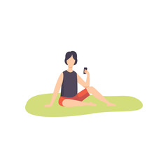 Young Woman Sitting on Grass with Smartphone Vector Illustration