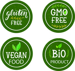 Bio product, vegan food, gluten free,GMO free icons collection for food market, eCommerce, organic products promotion, healthy life style and premium quality food and drink.