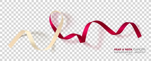 Head and Neck Cancer Awareness Month. Burgundy and Ivory Color Ribbon Isolated On Transparent Background. Vector Design Template For Poster.