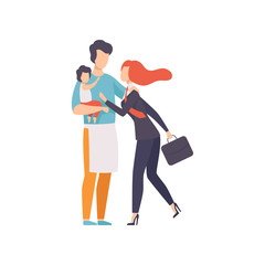 Dad Holding Baby Meeting Mother After Work, Househusband and Business Woman, Equality, Freedom, Civil Rights, Independence Vector Illustration