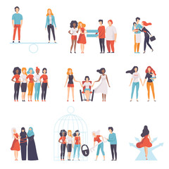 Gender Equality in Society Set, Young Women of Different Nationalities Supporting Each Other, Girls Advocating for Gender Equality, Freedom, Civil Rights, Independence Vector Illustration