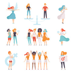 Young Women of Different Nationalities Set, Girls Advocating for Gender Equality, Freedom, Civil Rights, Independence Vector Illustration