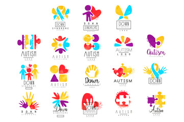 Vector set of multi-colored logo for Autism Awareness Day. Design for postcards, wellness centers, organizations helping people with Down Syndrome