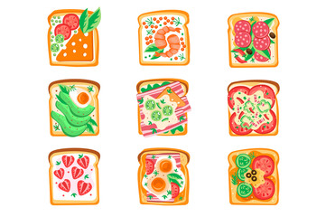 Vector set of sandwiches with different ingredients. Bread slices with tomatoes, eggs, avocado, shrimps, strawberry, bacon, salami. Fast food. Tasty snacks. Design for cafe menu