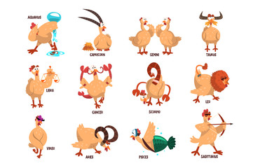 Fototapeta premium Funny farm chicken showing 12 Zodiac signs. Domestic bird in different actions. Comic horoscope. Flat vector set