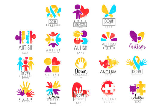 Vector set of multi-colored logo for Autism Awareness Day. Design for postcards, wellness centers, organizations helping people with Down Syndrome