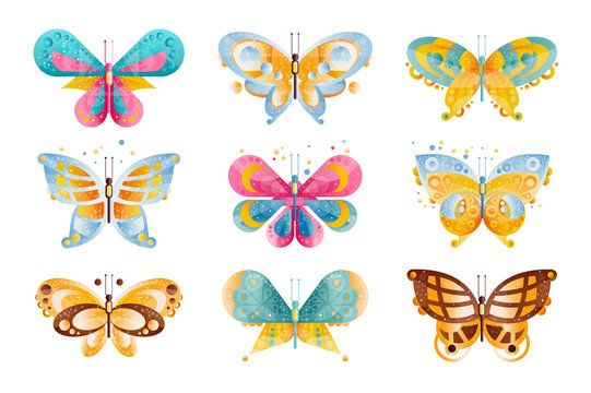 Flat vector set of brightly colored butterflies with beautiful wings. Flying insects. Icons with gradients and texture.