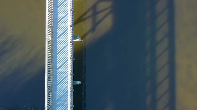 Scenic top down aerial drone view of boardwalk in Oso Flaco, located on the Central Coast of California, Santa Barbara County