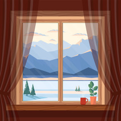 Window view of the morning and evening blue mountains, snow, spruce and river in winter, at dawn, sunset in cozy home with cup of coffee. Christmas and New year welcoming. Vector flat illustration. 