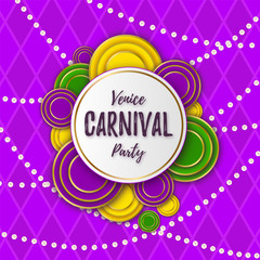 Venice Carnival Party banner with a Lettering, decorative floral elements, white beads and traditional Mardi Gras pattern. Festive amusement poster. Funfair flyer.