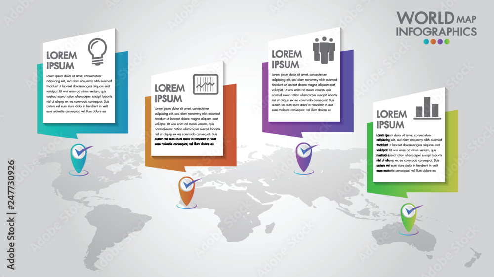 Wall mural world map business infographics 4 options vector illustration and design template with pointer marks