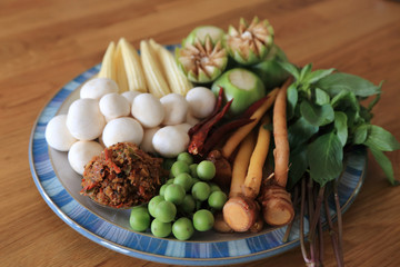 Raw ingredients with many kinds of herbs for vegetarian hot and spicy curry or jungle curry. Thai healthy recipe.